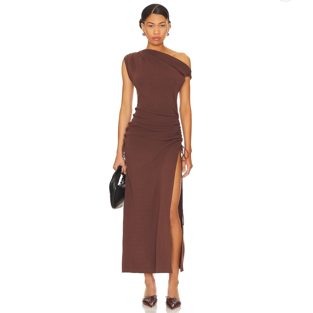 Lioness Original Sin Midi Dress in Chocolate Elegant Brown One-Shoulder Dress